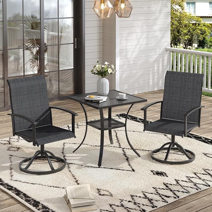 VICLLAX 3 Pieces Small Patio Dining Set-28 Small Outdoor Table and Swivel Patio Chairs Set for Deck, Lawn and Garden, Black Table and Chairs