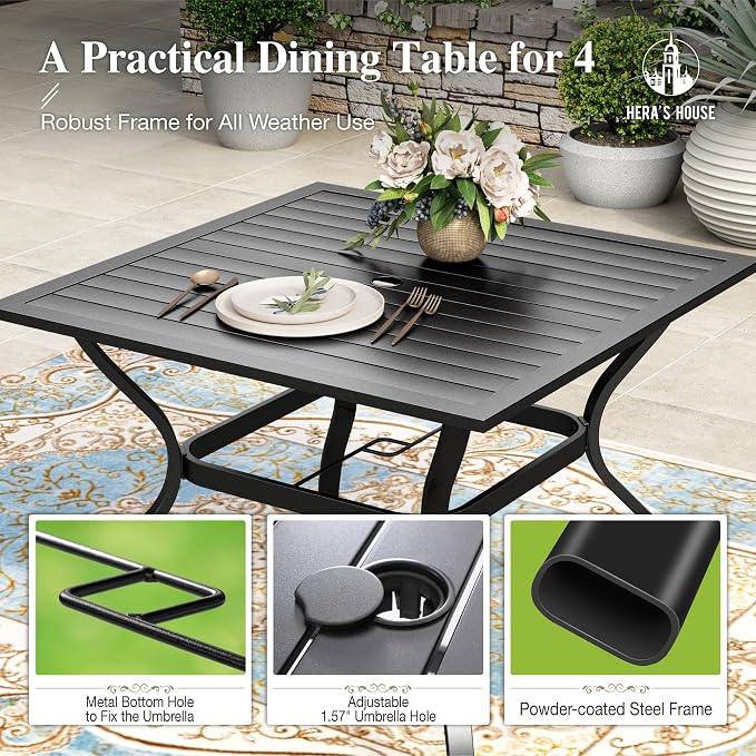 HERA'S HOUSE 5pc Patio Dining Set for 4, Outdoor Metal Table & Red Chairs | Textilene chairs + 37" square table with umbrella hole. Waterproof, rust-resistant, all-weather for backyard, porch