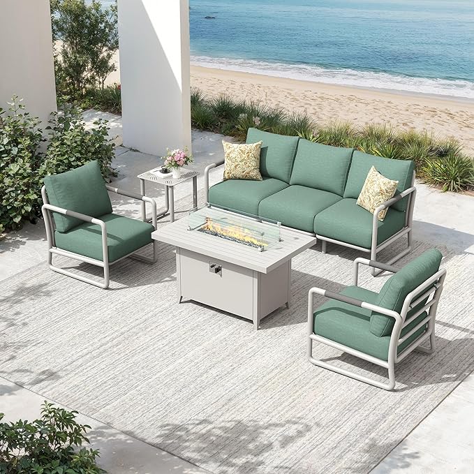 Outdoor Aluminum Patio Furniture Set, 5-Seats Patio Conversation Sofa Set with Oversized Fire Pit Table w/Glass Wind Guard, All Weather for Balcony, Garden-White