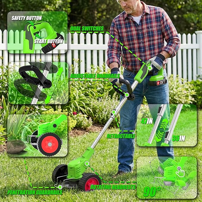 Cordless Weed Wacker Electric Eater 21V Battery Powered String Trimmers 3-in-1 Grass Trimmer/Lawn Edger/Brush Cutter Lightweight Portable Garden Tool with 4 Types Blades & Wheels for Garden Yard