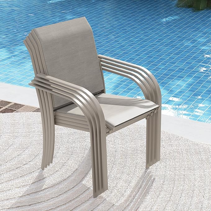 VICLLAX 7 Pieces Patio Dining Set, Patio Furniture Set of 6 Patio Stackable Dining Chairs and Outdoor Metal Table with Umbrella Hole for Backyard Lawn Garden, Sandshell Chairs and Sandshell Table
