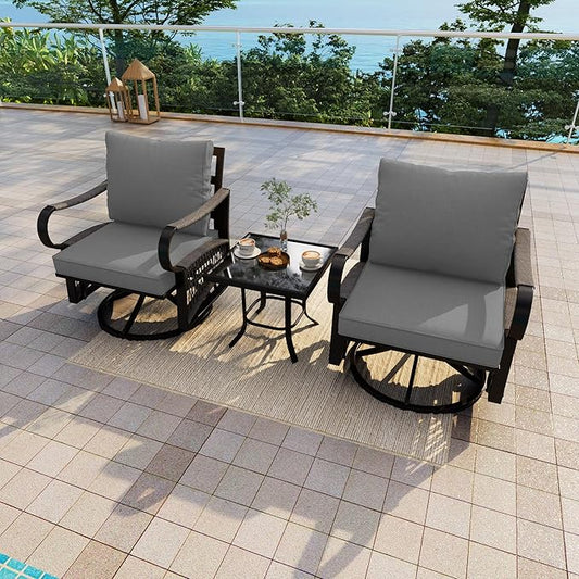 3 Pieces Outdoor Furniture Set, Metal 360° Swivel Rocking Chairs Bistro Sets, Patio Conversation Set with Side Table for Deck, Porch, Garden, Backyard, Poolside (Gray Cushions)