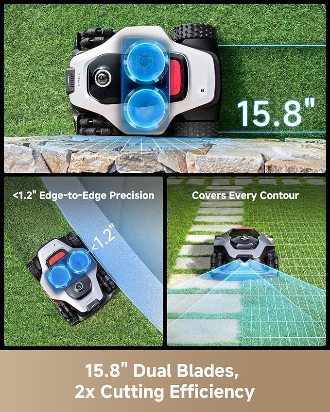 DREAME LiDAR 5000 Robot Lawn Mower A3 AWD Pro Wire Free No RTK, 4WD for 38.7° Slopes, Dual AI Vision Robotic Lawn Mowers,Dual-Disc Cutting 15.8" Width, Smart Zero-Edge, App Control for 1.25 Acre
