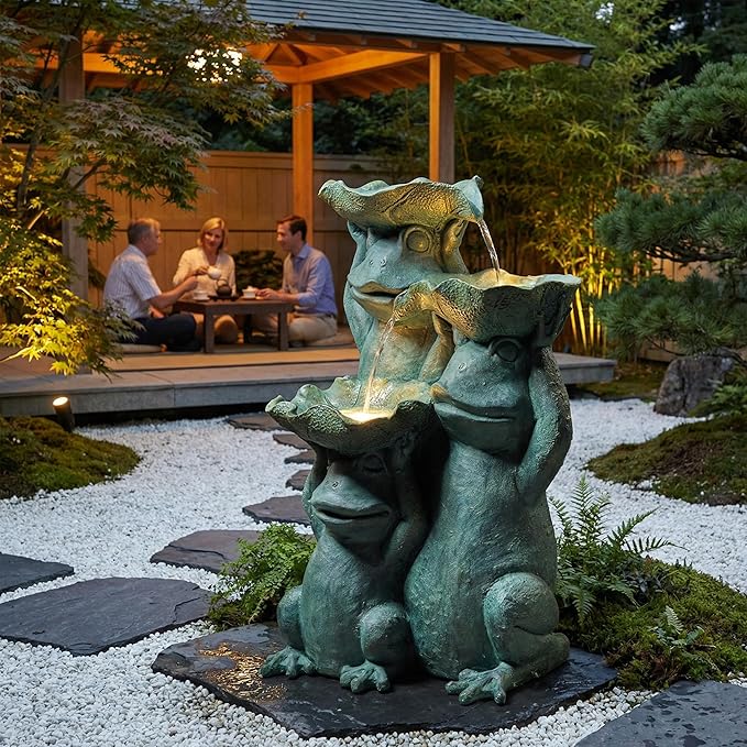 26-Inch Outdoor Water Fountain, 3-Tier Funny Stacked Frogs Statue Resin Waterfall Fountain with 2 LED Lights, Cascading Water Feature for Garden, Patio, Yard, Deck, Lawn, Porch in Green