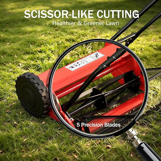 Garvee 14" Cordless Manual Reel Lawn Mower, Walk-Behind Push Mower with 5-Blade Cutting System, Durable Steel Frame, Adjustable Cutting Height, Comfort Grip Handle & 6.7-Gallon Grass Catcher