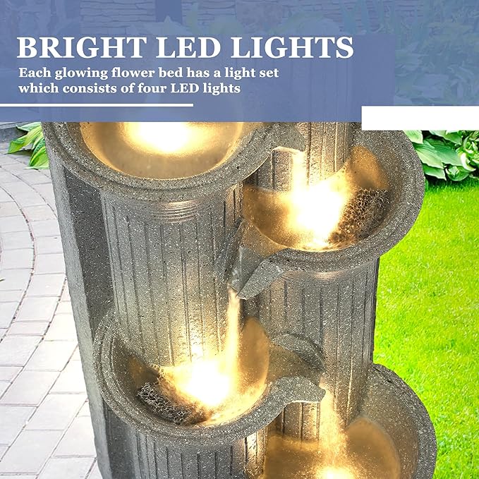 Grepatio Garden Water Fountain, 5 Tier Outdoor Cascading Waterfalls Fountains with LED Lights and Pump Indoor Modern 24" H Floor Standing Water Fountain for Garden, Patio, House Decor (Light Grey)
