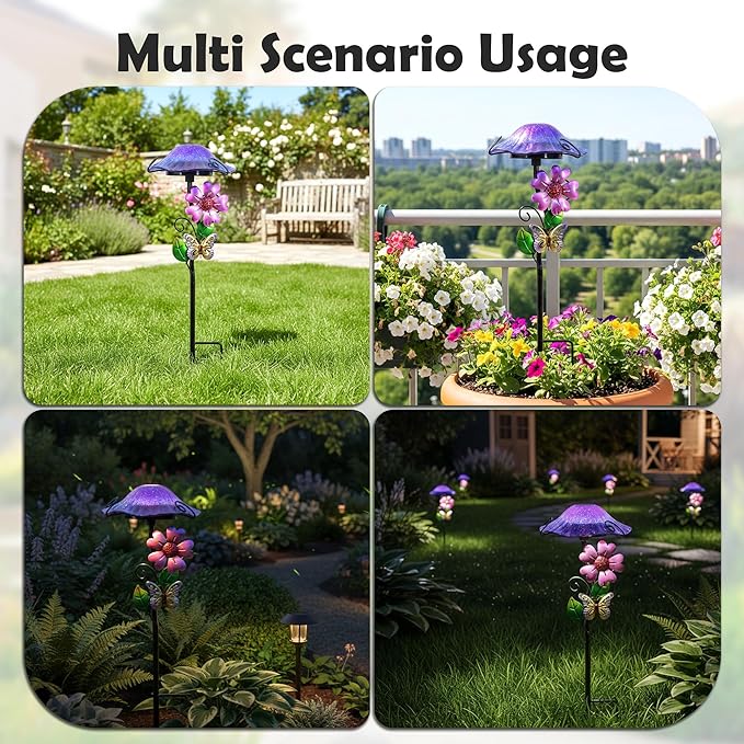 Solar Outdoor Lights Decorative Solar Glass Mushroom Lights Waterproof LED Purple Garden Stake Light for Walkway Pathway Lawn Patio Yard Decorations.