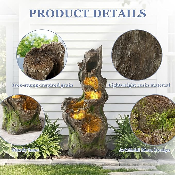 Grepatio Outdoor 6 Tier Cascading Water Fountain, 40" H Water Feature Fountain with 5 LED Lights, Large Outdoor Water Fountain with Realistic Tree Trunk Look for Garden Patio Backyard