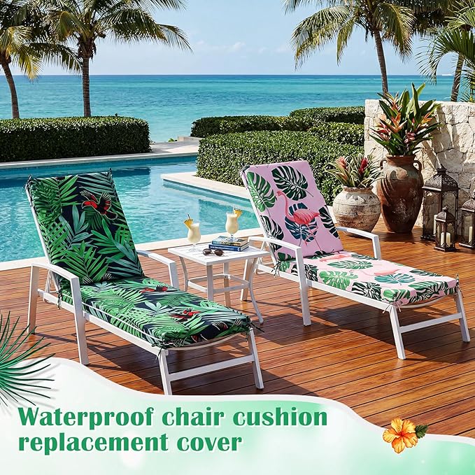 2 Pack Chaise Lounge Cushion Covers Outdoor (Not Includes Cushions) Waterproof Chair Cushion Replacement Covers 72 x 21 x 3 Inch for Patio Pool Lawn Slipcover with Ties(Tropical Rainforest)