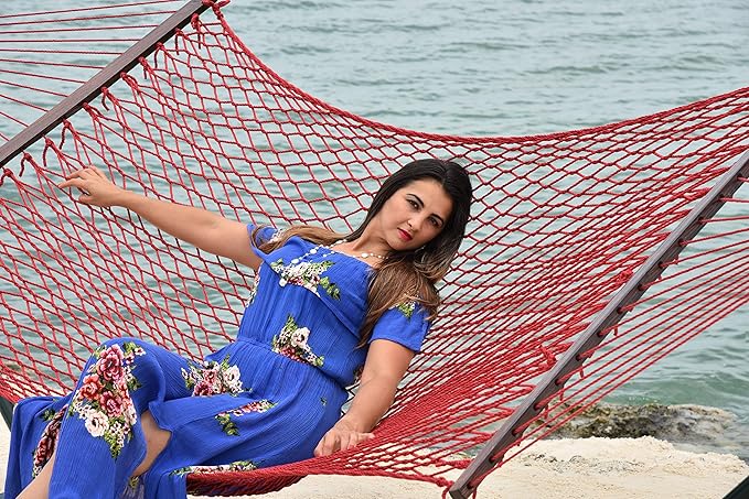 Island Escape Rope Hammock and Stand Set (Mocha Stand and Red Hammock)