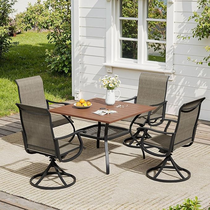 VICLLAX 5 Pieces Patio Dining Set, Patio Furniture Set of 4 Patio Swivel Dining Chairs and Square Patio Table with Storage Shelf, Mixed Brown Chairs & Walnut Tabletop