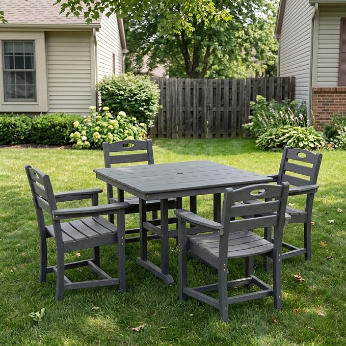 WILLIAMSPACE 37.8" Outdoor Patio Dining Set with 4 Armchairs, All Weather HDPE Square Dining Table with Umbrella Hole, Patio 5-Piece Bistro Set for Backyard, Balcony, Lawn, Kitchen (Gray)