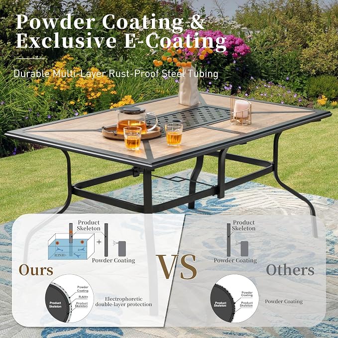 SUNSHINE VALLEY 61" Patio Dining Table for 6,Teak Color Rectangle Patio Table with Umbrella Hole,E-Coating and Powder Coating Steel Frame Metal Outdoor Patio Table for Garden Backyard Lawn Yard