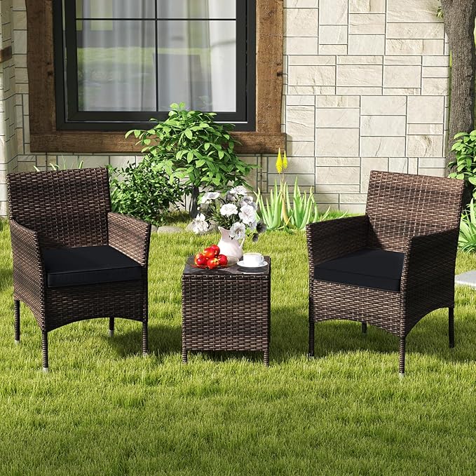 RELAX4LIFE 3-Piece Patio Furniture Set - Rattan Wicker Outdoor Conversation Set w/Cushions & Glass Coffee Table, Balcony Furniture for Porch Garden Backyard, Bistro Table and Chairs Set of 2 (Black)