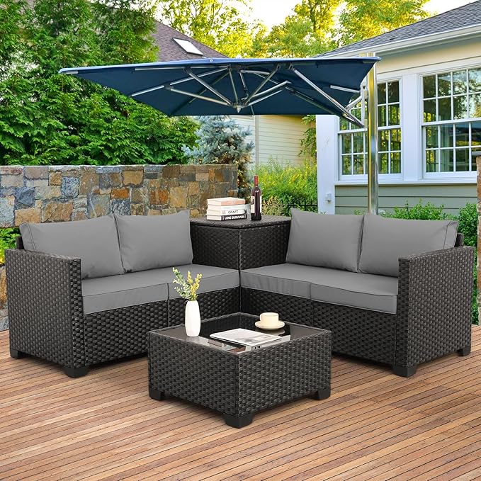 WAROOM Patio Furniture Set 4 Piece Conversation Sets Black Rattan Outdoor Couch Loveseat Wicker Sectional Sofa with Storage Box Glass Top Table, Grey Cushion