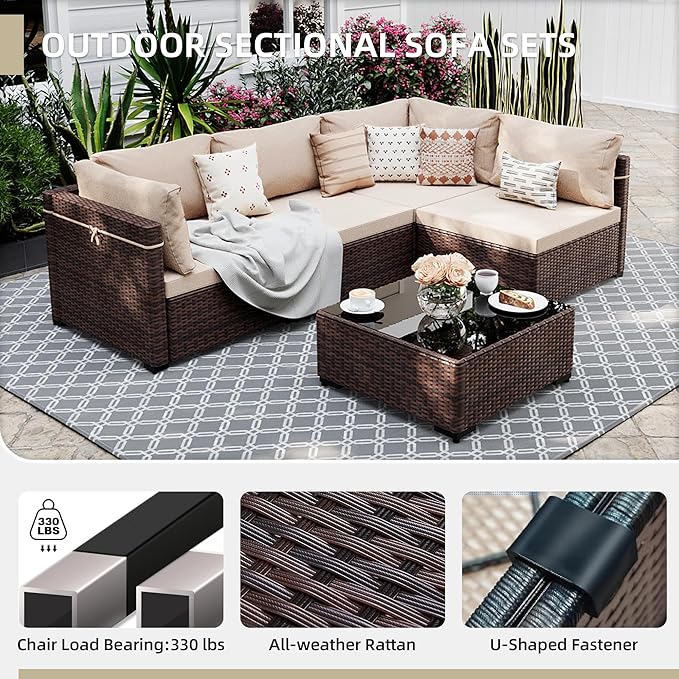 UPHA 5 Pieces Patio Furniture Sets, Wicker Outdoor Sectional Sofa Couch with Coffee Table, Patio Conversation Set for Deck Backyard Garden, Brown Rattan, Beige Cushion
