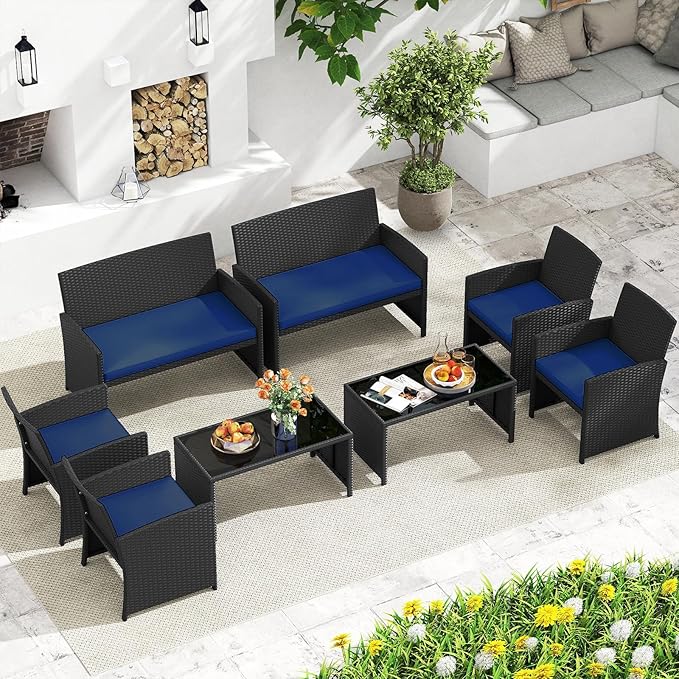 HAPPYGRILL 4 Piece Rattan Wicker Patio Conversation Set, Outdoor Furniture with Chair Loveseat Table & Cushion, for Backyard Porch Balcony (2, Black & Navy)
