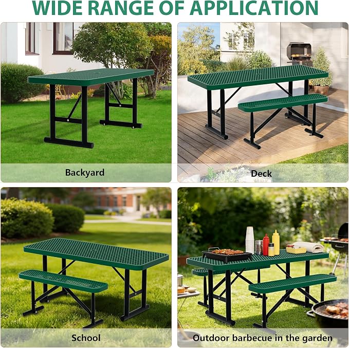 6FT Picnic Tables for Outdoors, Green Rectangular Heavy Duty Commercial Picnic Table with Umbrella Hole,Weather-Resistant Camping Table Dining Table for Backyard, Patio, Garden, Shops, Parks