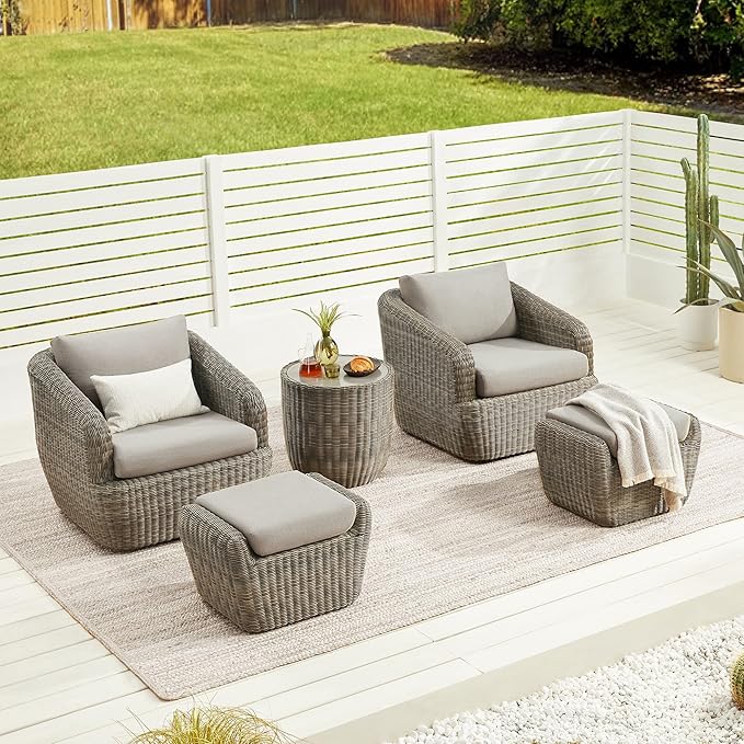 CHITA 5 Pieces Patio Wicker Furniture Set, Outdoor Rattan Bistro Set with Removable Thickened Cushions, Fully Assembled(Gray Cushions with Brownish Gray Wicker)