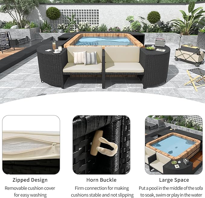 LUMISOL Square Spa Surround Spa Frame, Quadrilateral Outdoor Rattan Sectional Sofa Set with Sofa, Wood Seats and Storage Spaces for Free Combination, Patio Conversation Set for Poolside Garden, Beige