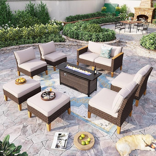 Sophia & William Large Outdoor Patio Furniture Set with Fire Pit Table High Back 9PCS Wicker Patio Sectional Sofa Conversation Set with 56" Fire Table, Ottoman & 4" Thick Cushions,Beige