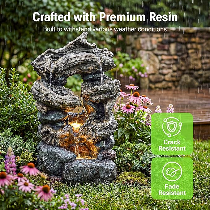 32-Inch Outdoor Water Fountain, 3-Tier Rainforest Trunk Tree Resin Outdoor Fountain with 2 LED Lights, Home Art Decor for Garden, Patio, Courtyard, Porch, Lawn or Deck in Dark Gray