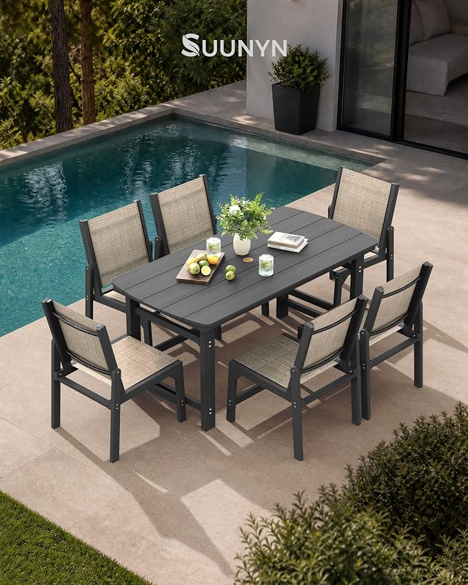 HDPE Outdoor Patio Dining Set with Table & 6 Stackable Armless Textilene Chairs, All-Weather 7-Piece Dining Table Set with Umbrella Hole, Patio Furniture for Garden, Poolside, Backyard, Deck | Grey