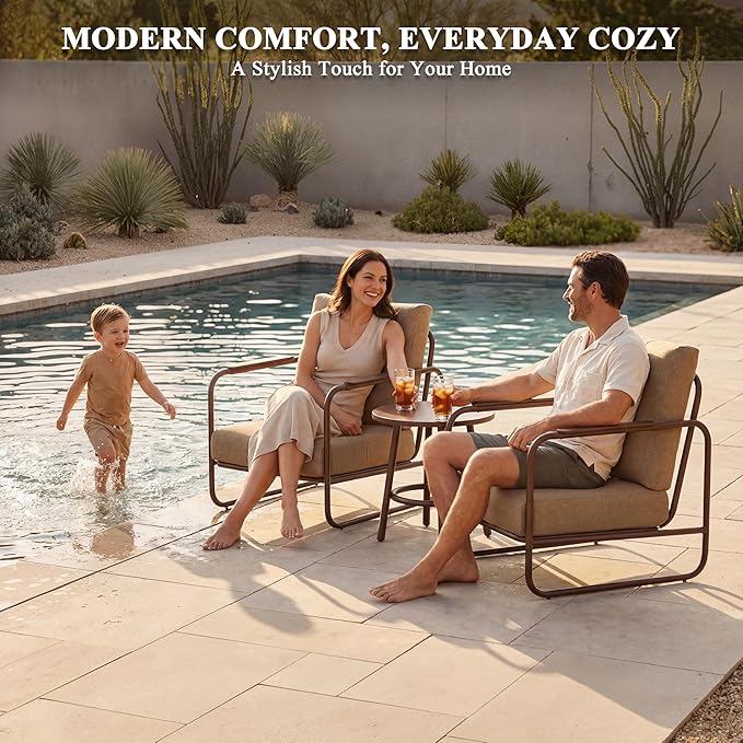 3-Piece Aluminum Patio Furniture Set, Spacious Deep Seating Chairs with 6-Inch Thick Cushions and Coffee Table, All-Weather Rust-Resistant Outdoor Seating for Backyard, Deck, Porch, Balcony