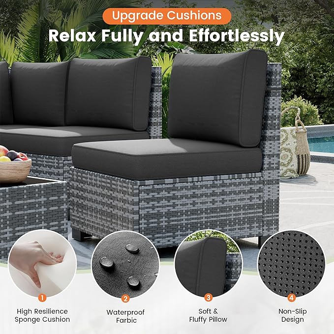 UDPATIO Patio Sectional Sofa with Fire Pit Table, 8 Inch Armrest 7-Piece Wicker Conversation with Waterproof Cover for Backyard Deck, Grey/Black