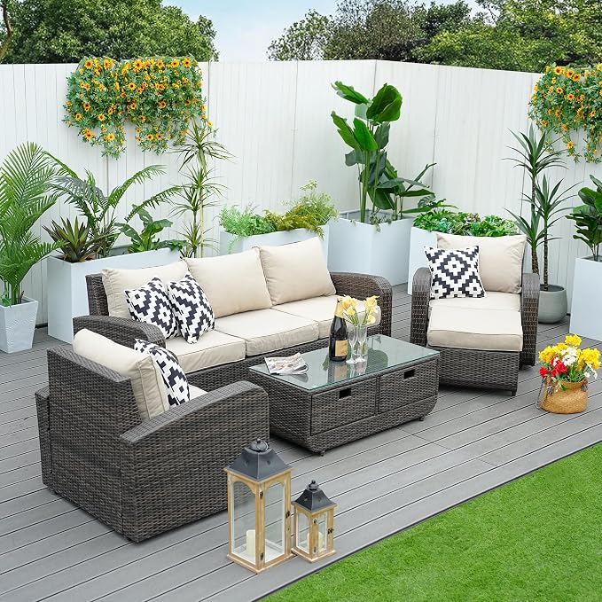Outdoor Furniture 5PCS Conversation Sets in Brown with Cushions