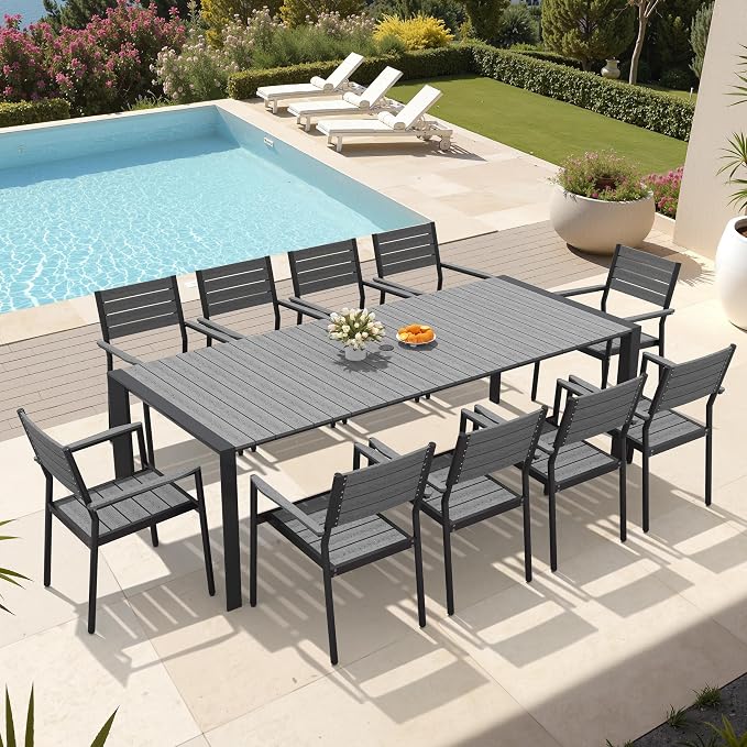 11-Piece Outdoor Dining Set, 95" Patio Table and Stackable Armchairs | Aluminum Frame Adjustable Umbrella Hole & All-Weather Wood Grain Tabletop for Garden, Patio, Backyard (Grey)