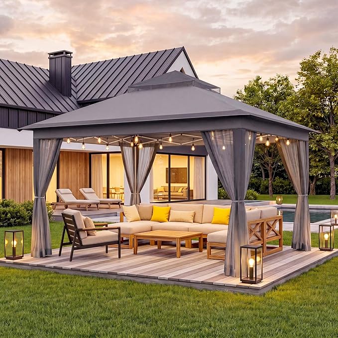 LAUSAINT HOME 11x11 Pop Up Gazebo Canopy Tent with Mosquito Netting, Instant One-Push Setup, Adjustable Height Outdoor Canopy Shelter with Carry Bag for Patio, Backyard, Camping, Parties & BBQs, Gray