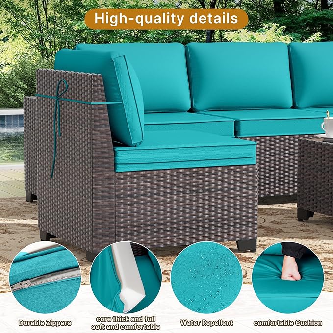 Gotland 6 Pieces Patio Furniture Set with 1 Coffee Table, 5 Seater Rattan Outdoor Sectional with Wide Armrests 29.5'' High Backrest Thick Cushions, Conversation Sets for Deck Garden Greenblue