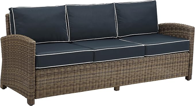 Crosley Furniture Bradenton 5-Piece Outdoor Sofa Patio Furniture Set, Wicker Conversation Sets for Porch, Brown with Navy Cushions
