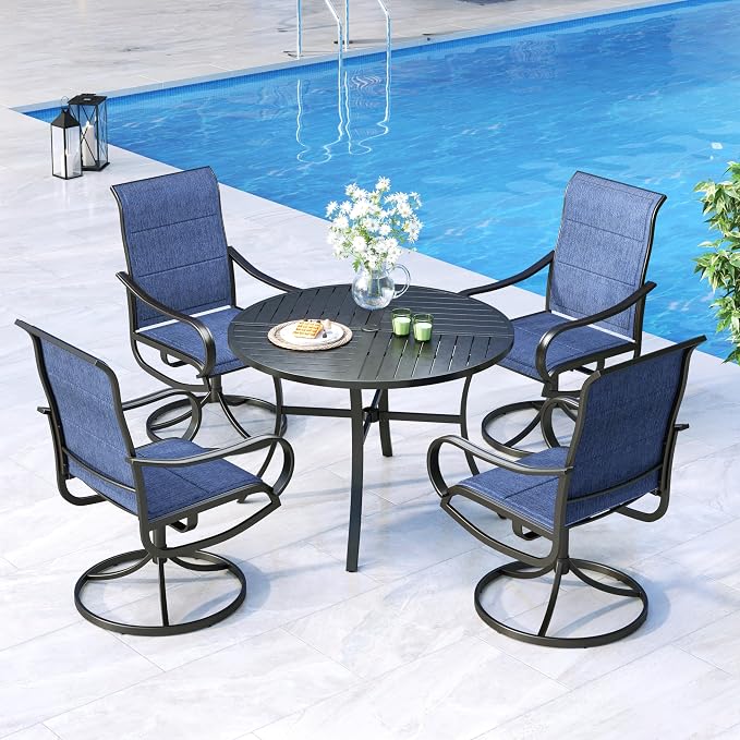 MFSTUDIO 5 Piece Outdoor Dining Set, Round Table & Swivel Chairs, Navy Blue | Padded textilene, Ergonomic high back, Metal table w/Umbrella hole, Rust-reistant, 4 Person, Patio deck garden backyard