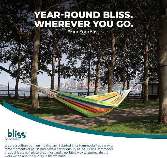 Bliss Hammocks 40" W Single Outdoor Hammock with Universal Multi-Loop Suspension with "S" Hooks, Durable, Cotton/Polyester, 220 Lbs Capacity, Guacamole Stripe