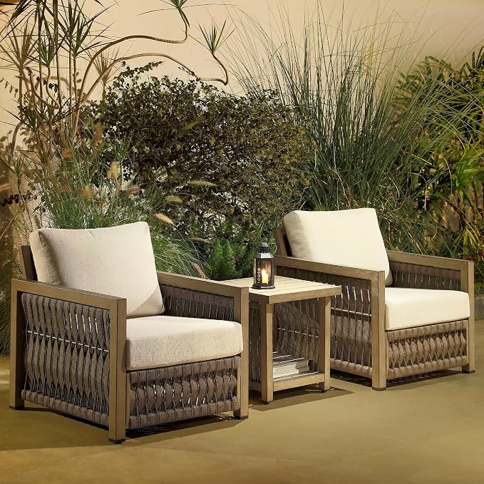 Patio Armchair, Rope Weave Outdoor Chair with Widened Armrests & Thick Cushions, All-Weather Aluminum Deep Seating Chair, Never Rust Patio Furniture for Garden, Porch, Deck, Gray Oak | Aluminum Frame