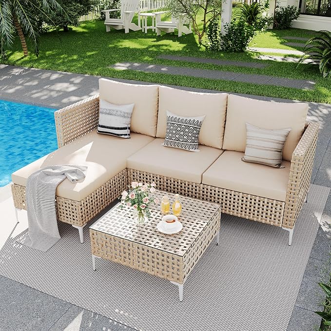 Patio Furniture Set, Small Outdoor Couch with Glass Coffee Table&Thick Cushion, Wicker L-Shaped Patio Couch, All-Weather PE Rattan Conversation Set for Garden, Poolside(3pcs Yellow&Beige)