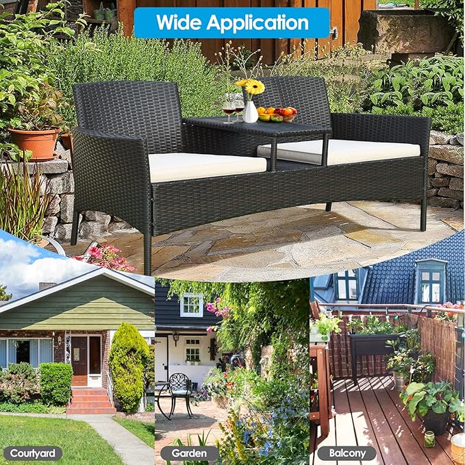 Outdoor Love Seat, Wicker Patio Furniture Set Rattan Bench with Cushion & Built-in Plastic Table, Outdoor Conversation Set for Garden, Lawn, Backyard (Beige)