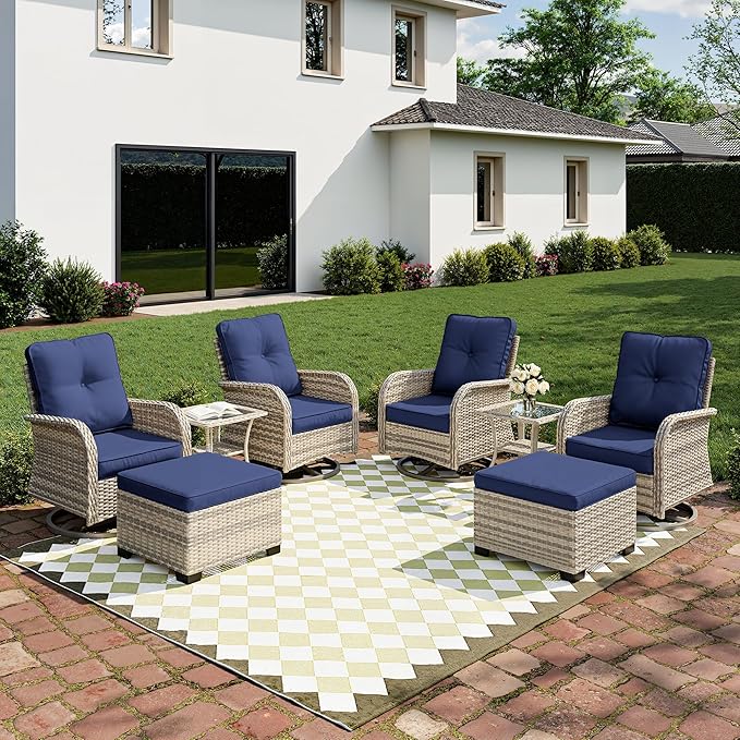 8-Piece Small Patio Furniture Set, Outdoor Swivel Rocking Chairs Set with Ottomans, Patio Bistro Set for Balcony, Deck, Porch, Navy Blue