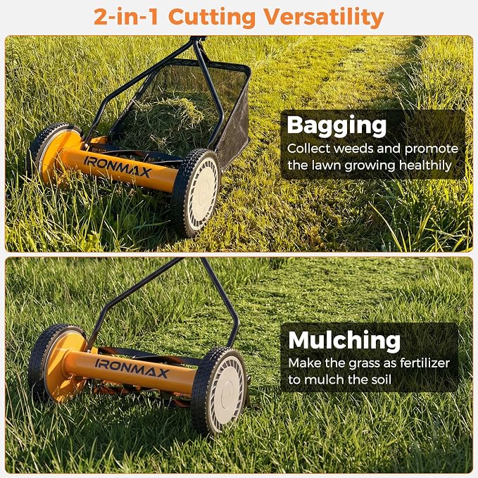 IRONMAX Lawn Mower, 14 Inch Push Reel Lawn Mower with 5 Steel Blades, Adjustable Cutting Heights, Grass Catcher Bag, Walk-Behind Manual Lawnmower for Garden Park Yard, No Motor (Orange, 14 Inch)