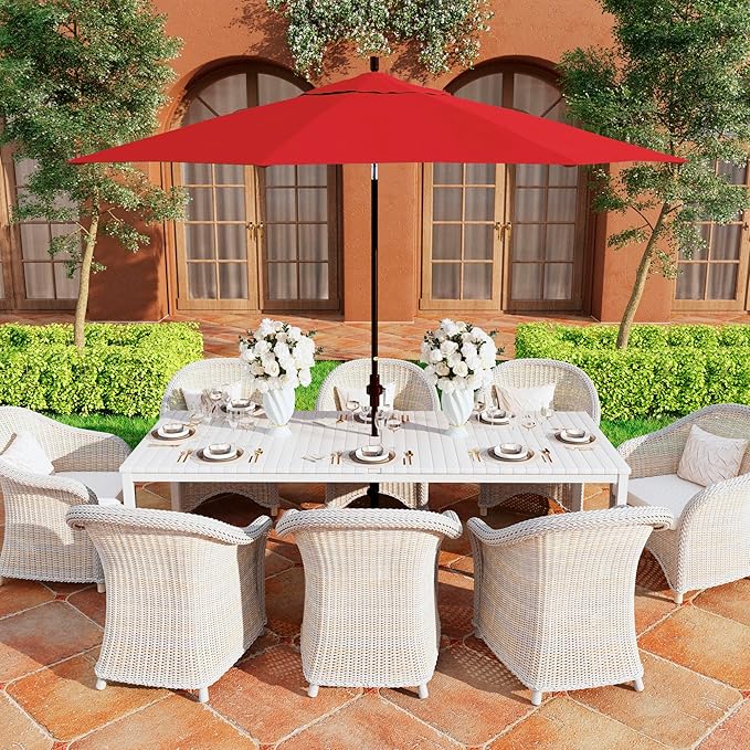 California Umbrella 11Ft Premium Sunbrella Patio Umbrella, Hand-Crank, Tilt-Collar, Bronze Frame, Jockey Red Fabric