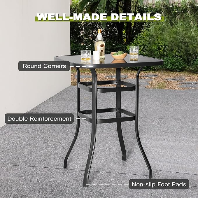 NUU GARDEN 32-Inch Bar Height Patio Table, Outdoor Bistro Table with Tempered Glass Top and Powder-Coated Iron Frame, Black for Backyard, Patio, Cafe