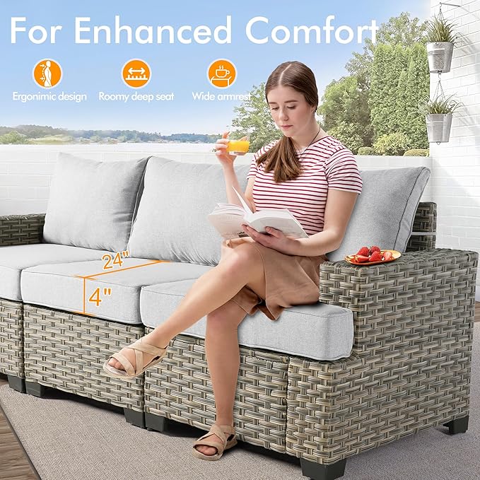 9 Pcs Outdoor Sectional Patio Furniture Set with Swivel Rocking Chair and Ottomans - All Weather Wicker Outside Sectional Couch,Patio Seating Outdoor Conversation Sets for Deck Yard Garden,Grey