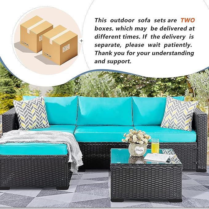 Shintenchi 3 Pcs Patio Furniture Set,Outdoor Sectional Black Wicker Patio Conversation Set,All-Weather Rattan Patio Couch with Washable Cushions and Glass Coffee Table