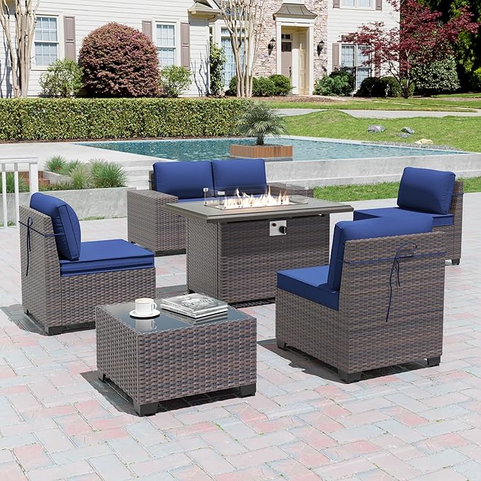 7 Pieces Outdoor Patio Furniture Set with 43"/55000BTU Gas Fire Pit Table,PE Rattan Wicker Outdoor Conversation Sofa Set Non-Slip Cushions Waterproof Covers for Backyard,Poolside,Garden,Navy