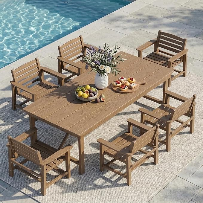 Kingdura 7 Piece Patio Dining Set for 6, HDPE Outdoor Dining Table Set with 2" Umbrella Hole, All Weather Outdoor Furniture, Table and Chairs Set for Backyard Pool Garden Porch, Brown
