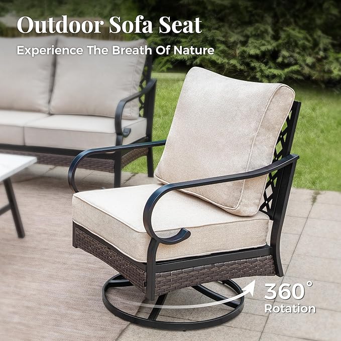 Patio Furniture Set with Fire Pit Table, Metal Outdoor Conversation Set with 5.75'' Extra Thick Cushion, 2 Swivel Chairs, Loveseat Sofa, 3-Seat Sofa and Gas Fire Pit Table, Beige