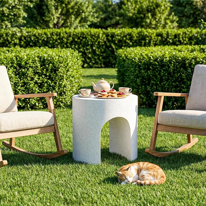 COSIEST White Outdoor Side Table, 15.7" Modern Concrete End Table with Arched Open for Patio, Small Round Outside Accent Table & Plant Stand for Garden, Porch, Deck, Balcony