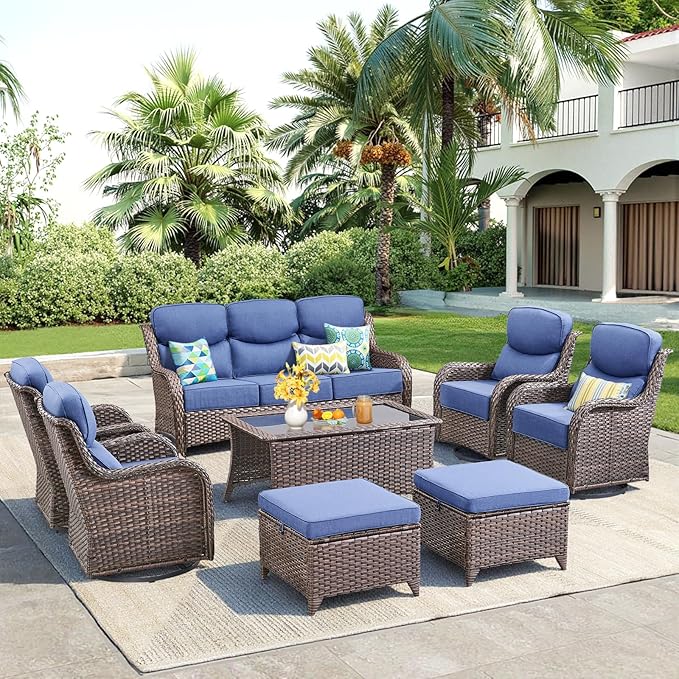 Luxury 8 Pieces Outdoor Patio Furniture Set-All Weather Wicker Swivel Rocker Patio Chairs with 6" Thick Cushion Rattan Sofa Coffee Table, Outdoor Conversation for Garden Porch Backyard(Brown/Blue)